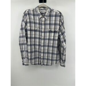 Lucky Brand Mens Classic Fit Plaid Button Down Shirt Linen Blend White Blue L